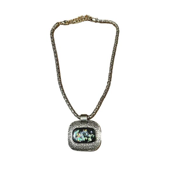 Vintage Hammered Silver Art Glass Pendant On Snake Chain Unique Lagenlook Artsy - Picture 1 of 3